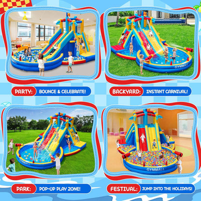 Inflatable Water Slide Bounce House with 550 W Blower, 8-in-1 Blow up Bouncy Castle Waterslide Park for Kids Outdoor and Indoor, Bouncer House with Large Pool, Double Slides and Climbing Walls1 pcs