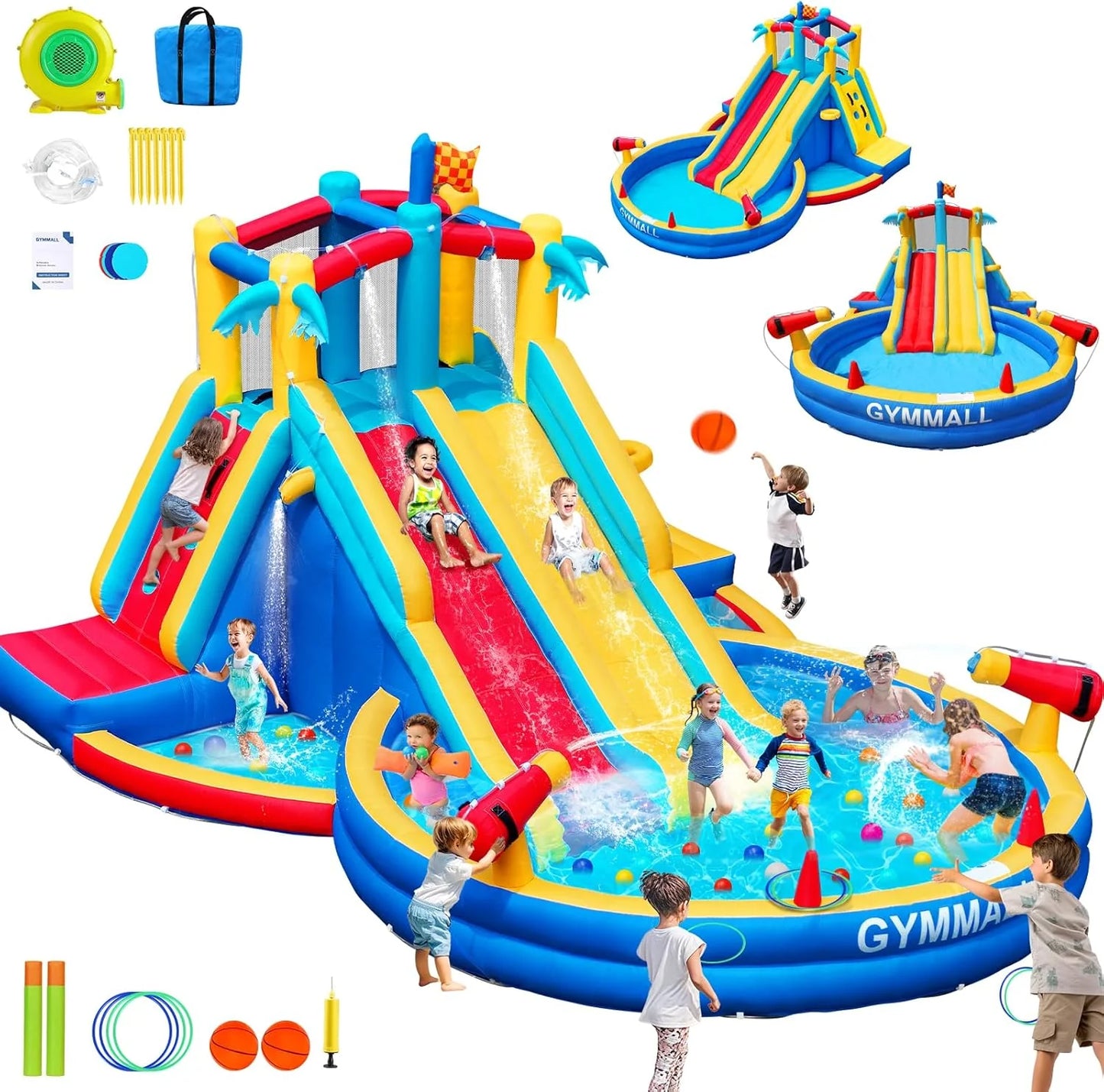 Inflatable Water Slide Bounce House with 550 W Blower, 8-in-1 Blow up Bouncy Castle Waterslide Park for Kids Outdoor and Indoor, Bouncer House with Large Pool, Double Slides and Climbing Walls1 pcs