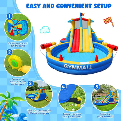 Inflatable Water Slide Bounce House with 550 W Blower, 8-in-1 Blow up Bouncy Castle Waterslide Park for Kids Outdoor and Indoor, Bouncer House with Large Pool, Double Slides and Climbing Walls1 pcs