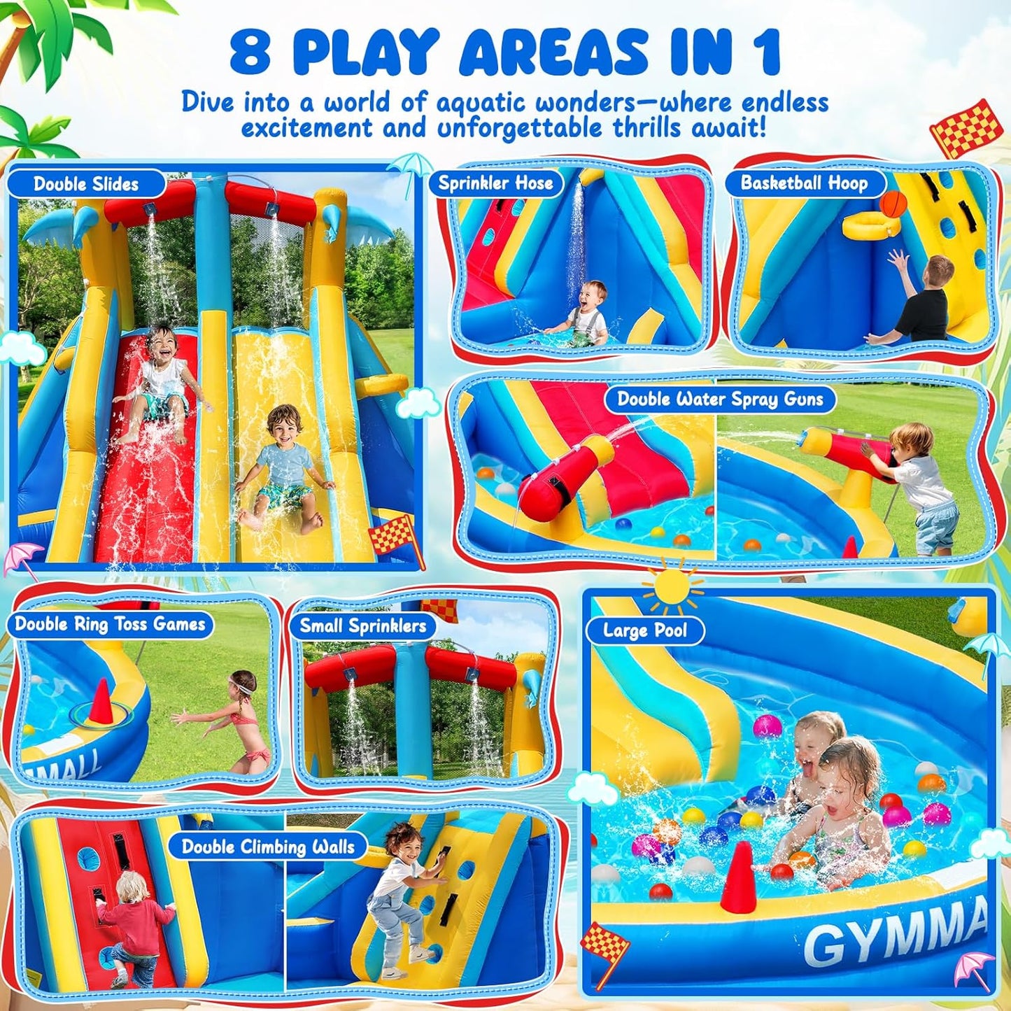 Inflatable Water Slide Bounce House with 550 W Blower, 8-in-1 Blow up Bouncy Castle Waterslide Park for Kids Outdoor and Indoor, Bouncer House with Large Pool, Double Slides and Climbing Walls1 pcs