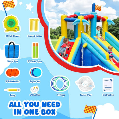 Inflatable Water Slide Bounce House with 550 W Blower, 8-in-1 Blow up Bouncy Castle Waterslide Park for Kids Outdoor and Indoor, Bouncer House with Large Pool, Double Slides and Climbing Walls1 pcs