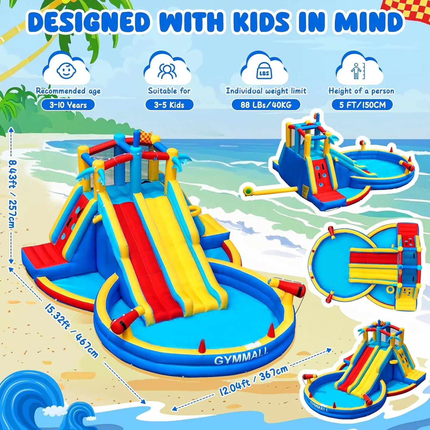 Inflatable Water Slide Bounce House with 550 W Blower, 8-in-1 Blow up Bouncy Castle Waterslide Park for Kids Outdoor and Indoor, Bouncer House with Large Pool, Double Slides and Climbing Walls1 pcs